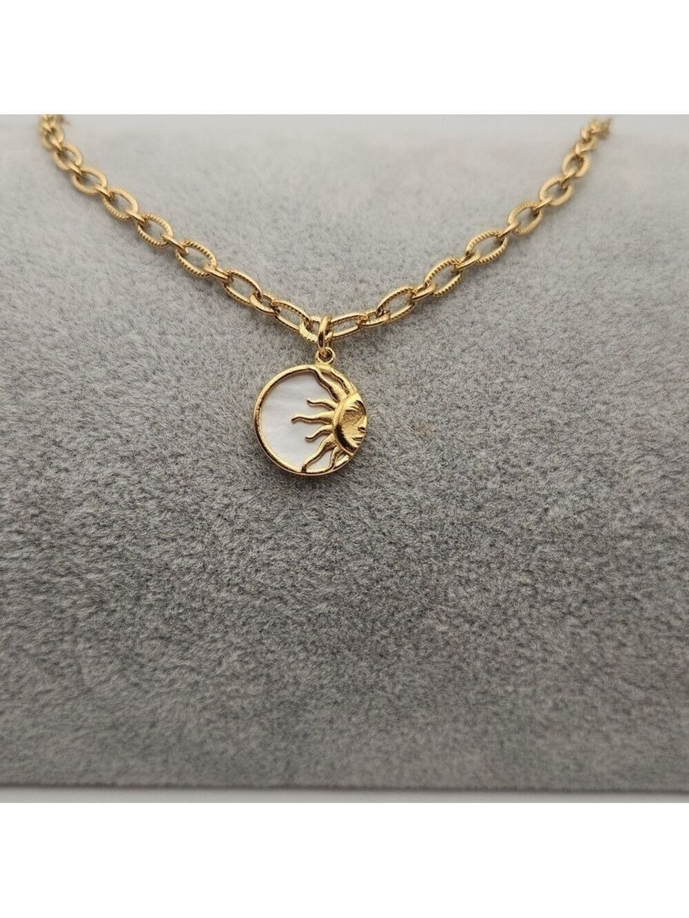Simulated Diamond Sun Stainless Steel 18K Gold Plated Pendant Necklace